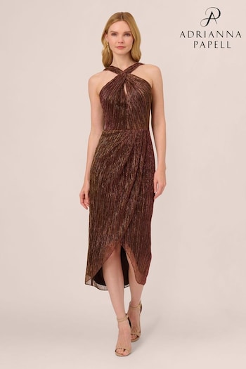 Adrianna Papell Halter Crinkle Metallic Brown Dress (N63733) | £169