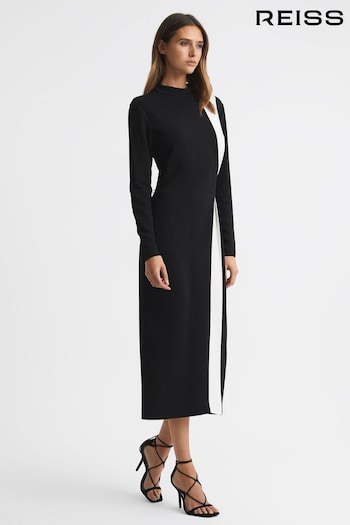 Reiss Black/White Millie Petite Contrast Stripe Belted Midi Dress (N63852) | £248