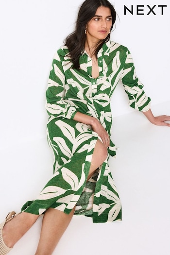 Green Leaf Print Shirt open Midi Dress (N63854) | £49