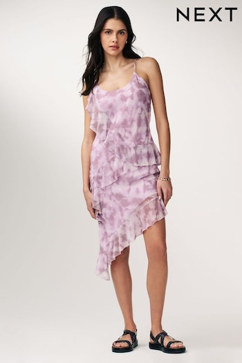 Lilac Floral Print Ruffle Asymmetric Mesh Mini Cami Dress (N63861) | £48