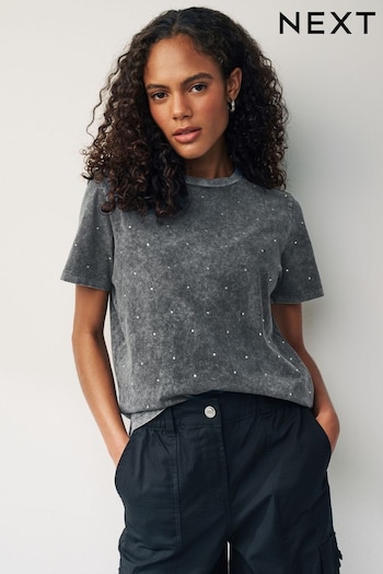 Washed Charcoal Grey Short Sleeve Sparkle Embellished T-Shirt (N63865) | £24
