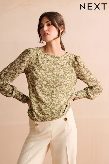 Sage Green Floral Long Sleeve Crew Neck Cuff Blouse (N63927) | £32