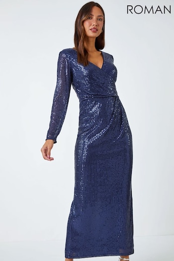 Roman Blue Sequin Wrap Stretch Maxi Dress (N64074) | £80