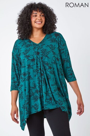 Roman Green Curve Tie Back Floral Tunic Top (N64084) | £35