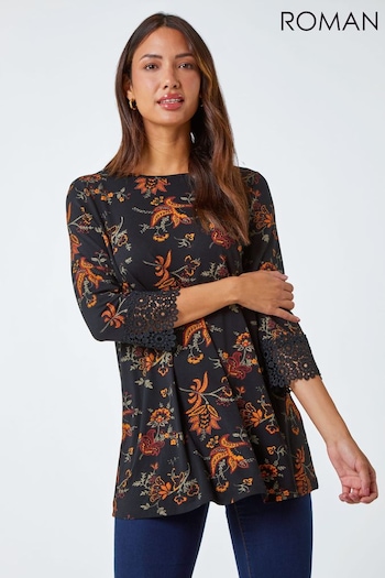 Roman Black Paisley Lace Trim Stretch Top (N64091) | £30