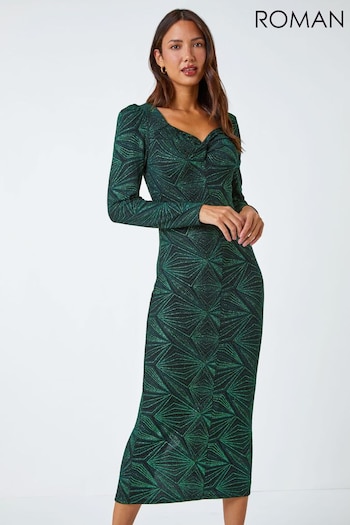 Roman Green Geometric Sparkle Midi Stretch Dress (N64104) | £50