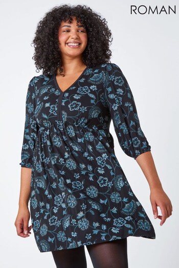 Roman Blue Curve Floral Stretch Jersey Dress (N64108) | £38