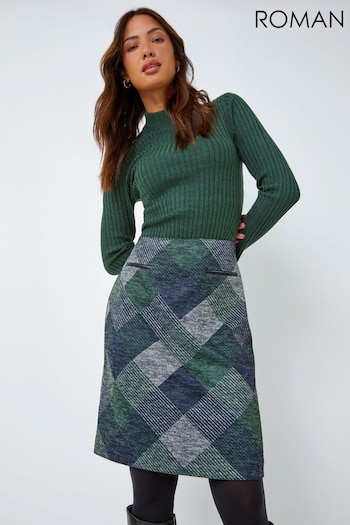 Roman Green Check Print Pocket Stretch Skirt (N64112) | £26