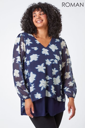 Roman Blue Curve Floral Overlay Stretch Top (N64123) | £35