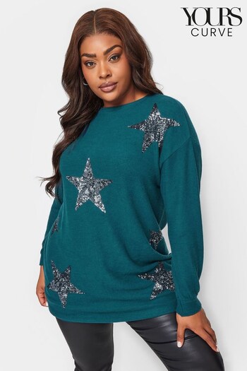 Yours Curve Green Sequin Star Jumper (N64191) | £31