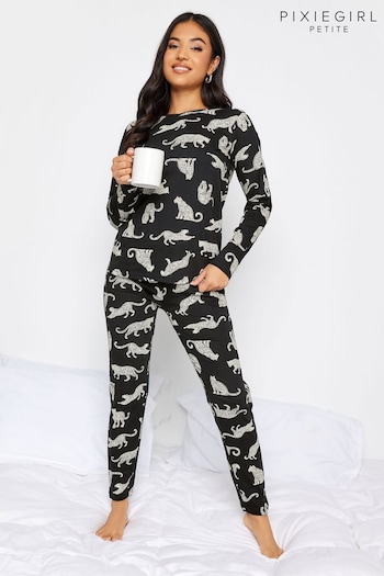 PixieGirl Petite Black Conversational Animal Print Long Sleeve Cuffed Pyjamas Set (N64202) | £29