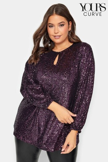 Yours Curve Purple London Sequin Keyhole Bellow Sleeve Top (N64218) | £45