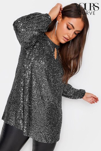 Yours Curve Silver London Sequin Keyhole Bellow Sleeve Top (N64219) | £45