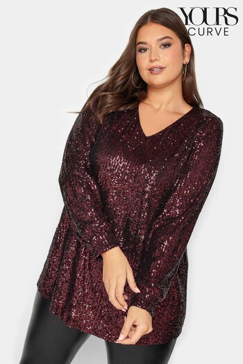 Yours Curve Red London Sequin V-Neck Top (N64220) | £45