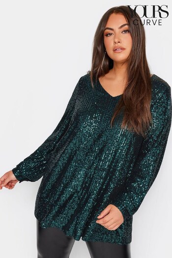 Yours Curve Green London Sequin V-Neck Top (N64221) | £45