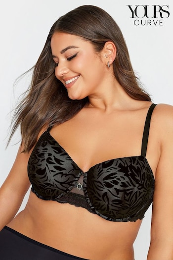 Yours Curve Black Felicity Leaf Flock Padded T-Shirt Tee-shirt Bra (N64237) | £28