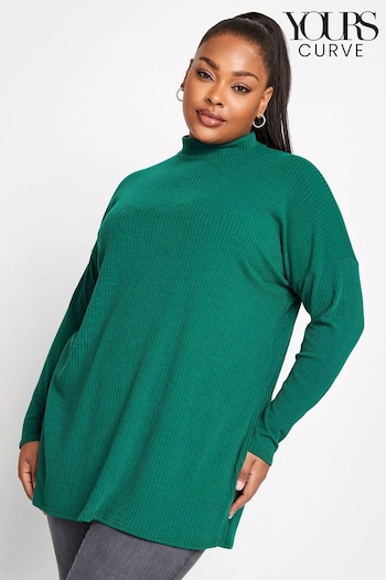 Yours Curve Green Oversized Turtle Neck Ribbed Longsleeve T-Shirt (N64281) | £24