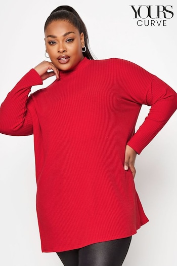Yours Curve Red Oversized Turtle Neck Ribbed Longsleeve T-Shirt (N64282) | £24