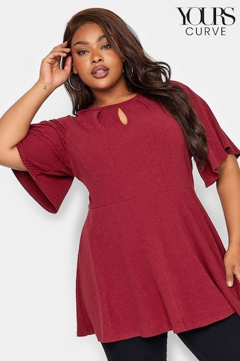 Yours Curve Red Keyhole Peplum Ribbed Top (N64284) | £24