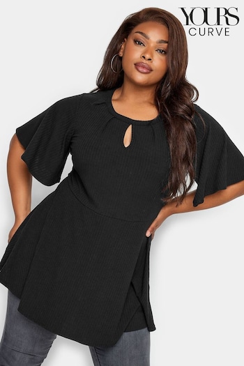 Yours Curve Black Keyhole Peplum Ribbed Top (N64285) | £24