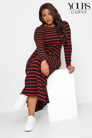 Yours Curve Black Long Sleeve Ribbed Swing Stripe Dress Petite (N64298) | £33