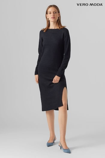 Black Round Neck Midi Knitted Dress With Side Split (N64361) | £37