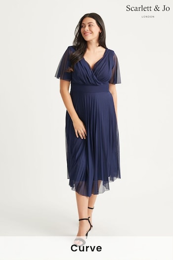 Scarlett & Jo Blue Carole Wrap Bodice Sunray Pleated Skirt Midi Dress (N64369) | £90