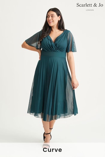 Scarlett & Jo Green Carole Wrap Bodice Sunray Pleated Skirt Midi Dress (N64370) | £90