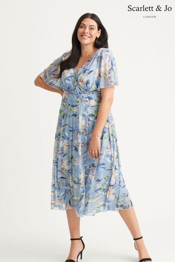 Scarlett & Jo Blue Victoria Angel Sleeve Mesh Midi long Dress (N64377) | £85
