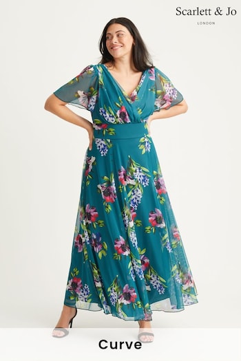 Scarlett & Jo Green Curve Victoria Angel Sleeve Mesh Midi long Dress (N64382) | £95