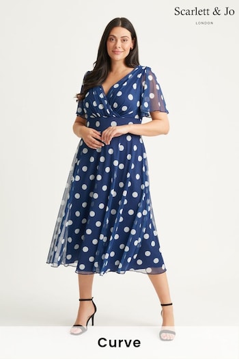Scarlett & Jo Navy Blue Polka Dot Victoria Spot Angel Sleeve Mesh Midi Long Dress (N64390) | £85