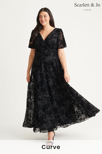 Scarlett & Jo Black Isabelle Velvet Flock Angel Sleeve Maxi Dress (N64394) | £110
