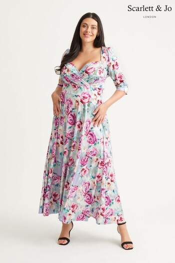 Scarlett & Jo Pink & Light Blue Floral Elizabeth Print Satin Maxi Gown (N64395) | £125