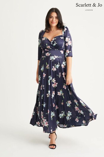 Scarlett & Jo Navy Blue Floral Elizabeth Print Satin Maxi Gown (N64396) | £125