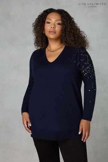 Live Unlimited Curve Navy Sequin Cotton Blend Jumper with Cashmere (N64526) | £89