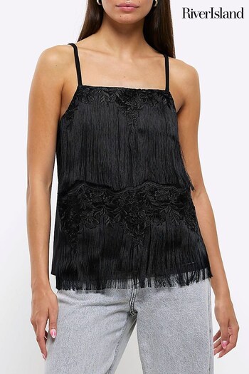 River Island Black Lace Fringe Longline Cami (N64634) | £38