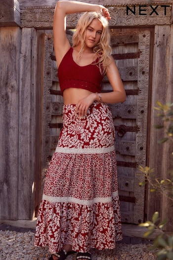 Red Spliced Print Textured Maxi Skirt With Crochet Trim (N64931) | £26