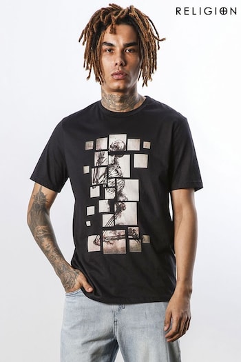 Religion Black Regular Fit Crew Neck T-Shirt with Front Graphic (N64934) | £38