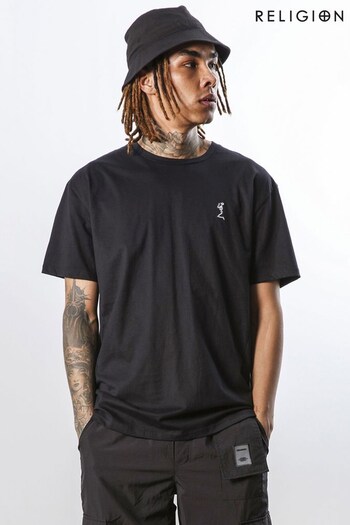 Religion Black Relaxed Fit Crew Neck T-Shirt With Shoulder Graphic (N64936) | £38
