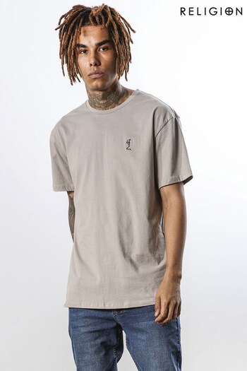 Religion Grey Relaxed Fit Crew Neck T-Shirt With Shoulder Graphic (N64944) | £38