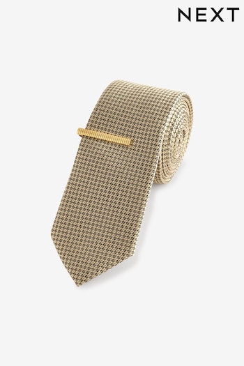 Neutral Brown Slim Textured Tie And Clip Set (N65026) | £14