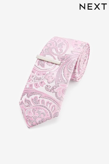 Pink Paisley Slim Pattern Tie And Tie Clip (N65044) | £14