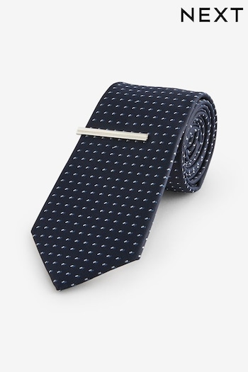 Navy Blue Pattern Tie And Tie Clip (N65054) | £14