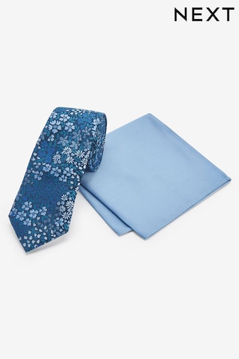 Navy Blue Floral/Light Blue Slim Tie And Pocket Square Set (N65067) | £16