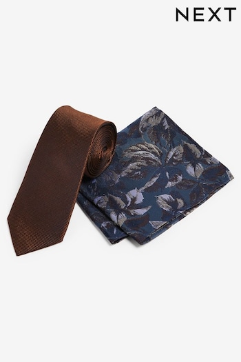 Rust Brown/Navy Blue Floral Silk Tie And Pocket Square Set (N65069) | £26