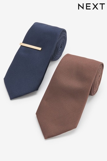 Navy Blue/Tan Brown Textured Tie With Tie Clips 2 Pack (N65073) | £20