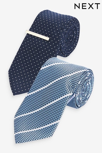Navy Blue Spot/Blue Stripe Textured Tie With Tie Clips 2 Pack (N65075) | £20