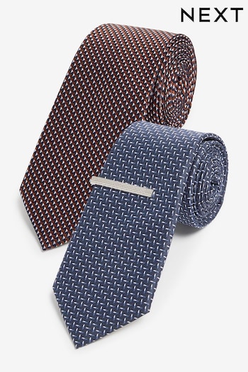 Navy Blue/Rust Brown Textured Tie With Tie Clip 2 Pack (N65079) | £20