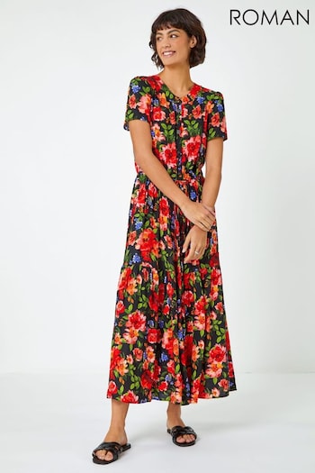Roman Black Floral Print Tiered Midi Dress (N65108) | £42