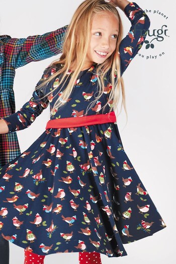 Frugi Navy Blue Christmas Robin Party Skater Dress With Detachable Bow Detail (N65302) | £34 - £36